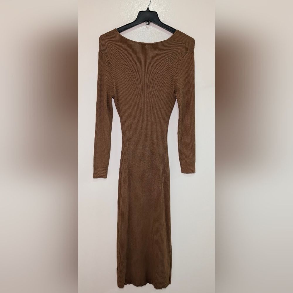 House of Harlow 1960 Mocha Ribbed Twist Midi Dress L Quiet Luxury Urban Boho - Picture 5 of 6